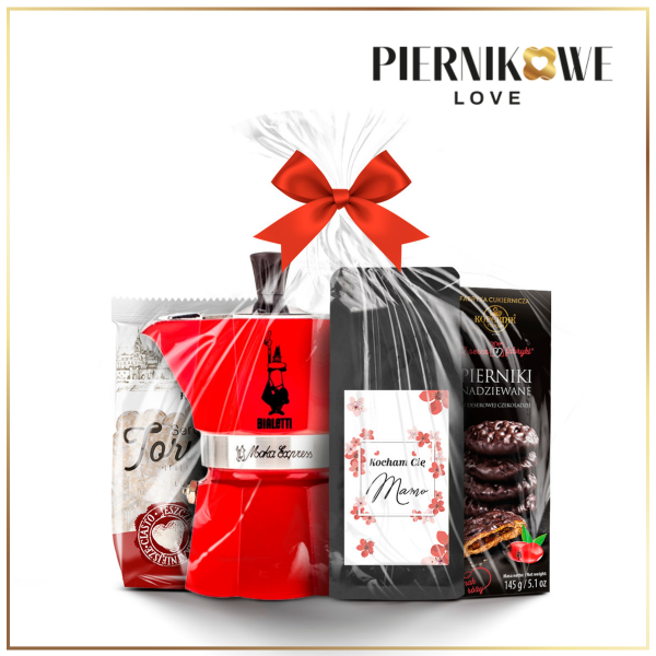 PREZENT NA DZIEŃ MAMY - ZESTAW Z KAWĄ, KAWIARKĄ I PIERNIKAMI