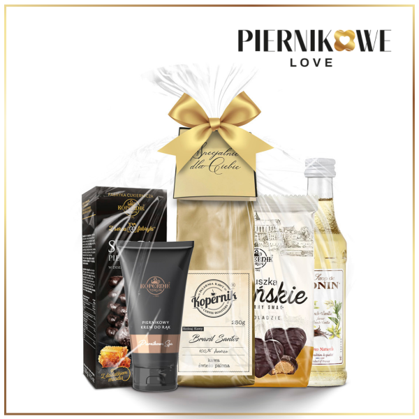 ZESTAW UPOMIKOWY Z KAWĄ, PIERNIKAMI I PIERNIKOWYM KREMEM DO RĄK